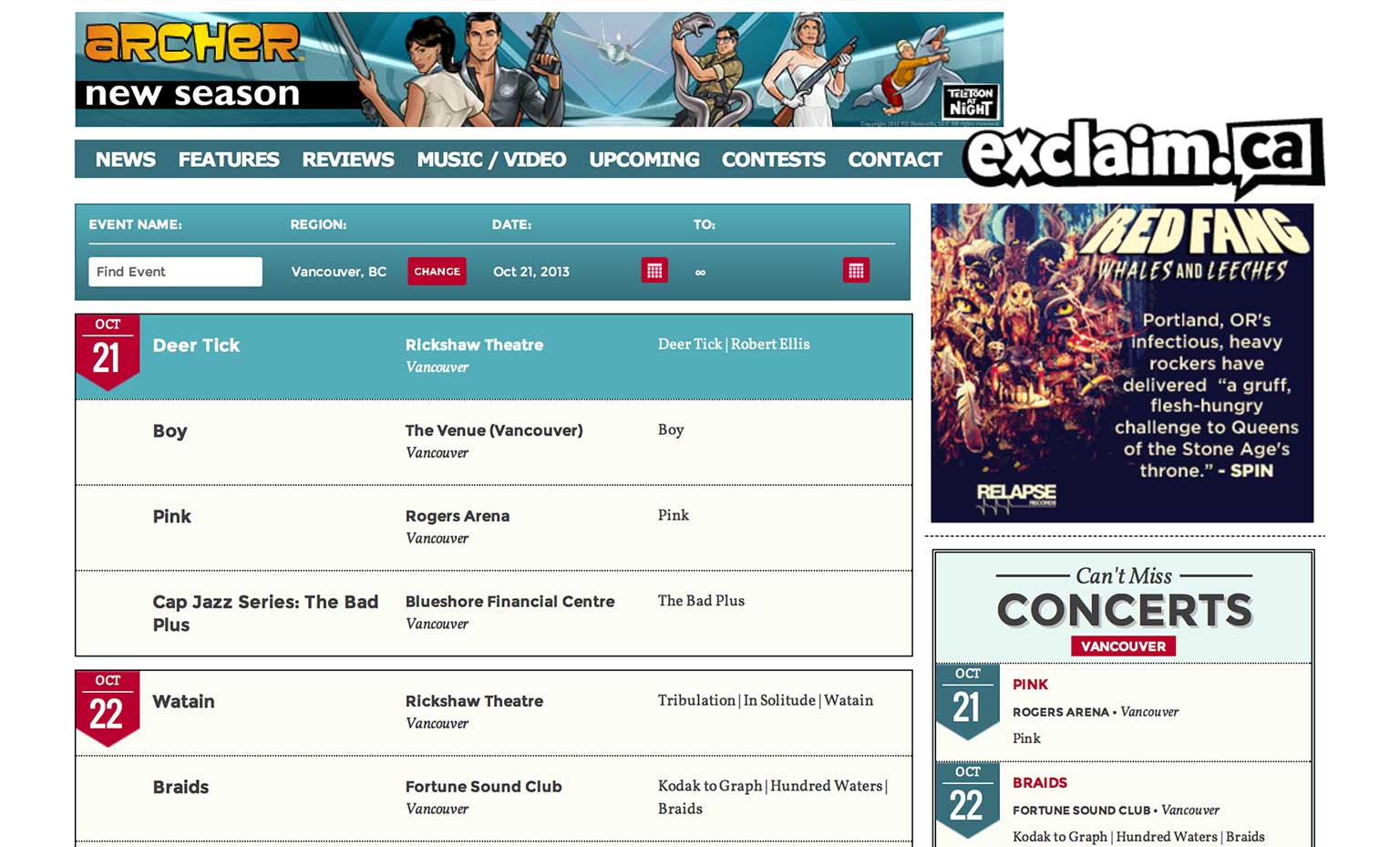 The concert listing from exclaim.ca - circa 2013