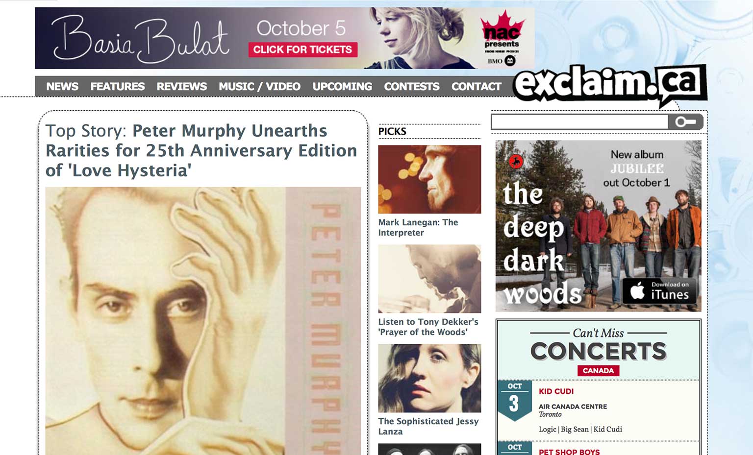 The home page from exclaim.ca - circa 2013