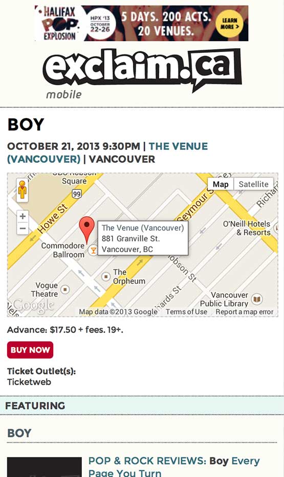 A concert listing from m.exclaim.ca - circa 2013