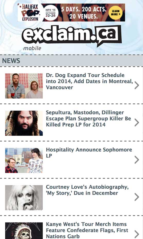 The home page from m.exclaim.ca - circa 2013